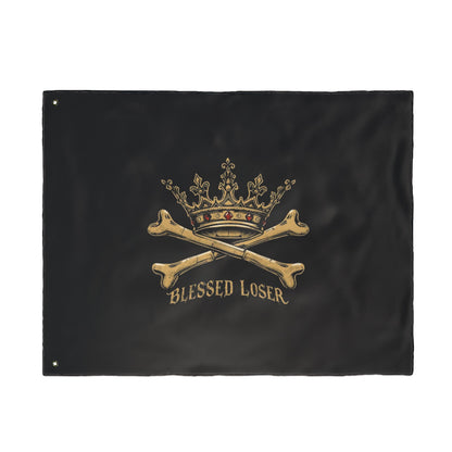 Double-Sided Blessed loser pirate flag with a crown and crossed bones design on durable polyester fabric.