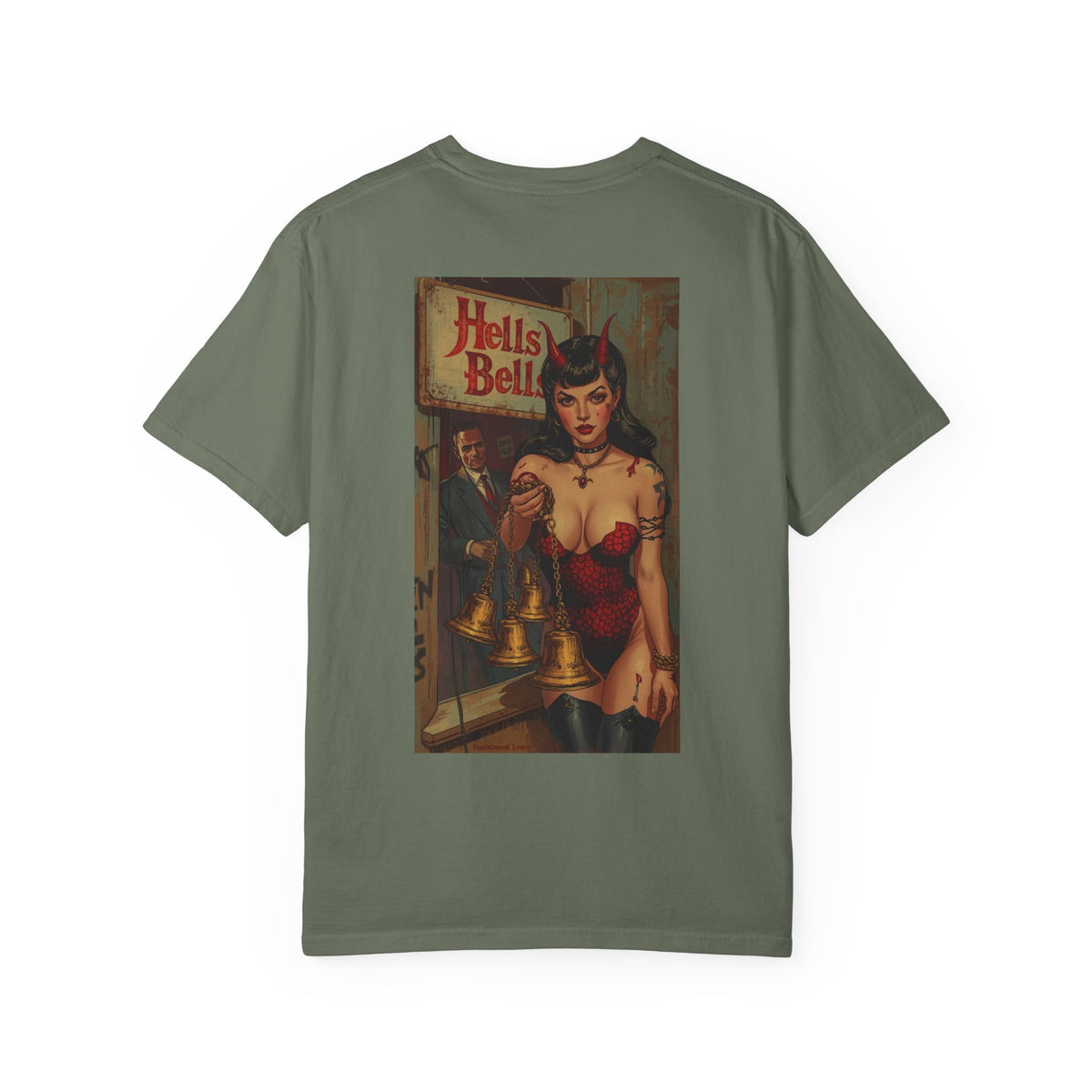 Hells bells Tshirt, Blessed Loser in moss color featuring a striking retro design with a figure holding bells.