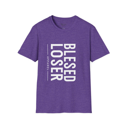 Blessed Loser T-Shirt | Vertical Bold Text Graphic Tee in purple with bold white text design.
