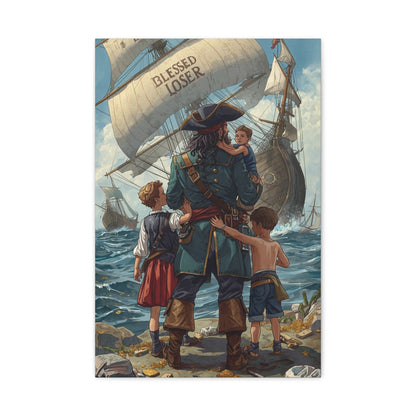 Blessed Loser Canvas Art featuring a pirate with children near the sea, perfect for Nautical Décor and inspiration.