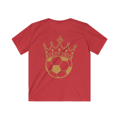 Kids Tee — 'FASTT' Soccer Ball with Crown Graphic Youth футболка showing a golden crowned soccer ball on a red shirt.
