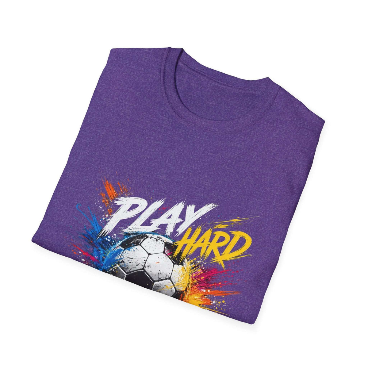Soccer Splash T-Shirt — "Play Hard, Live" Colorful Football Graphic, purple tee with vibrant soccer ball design.
