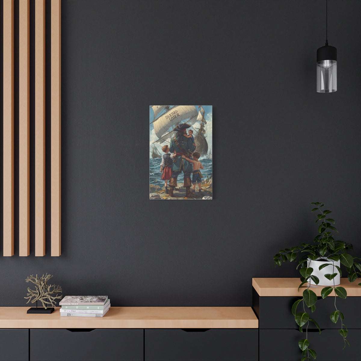 Blessed Loser Canvas Art displayed in a modern living room, perfect for nautical décor and inspiration.