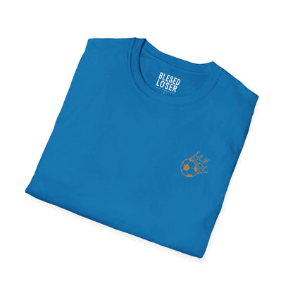 Blessed to Lose, Honored to Win T-Shirt in vibrant blue with unique crown soccer ball graphic.