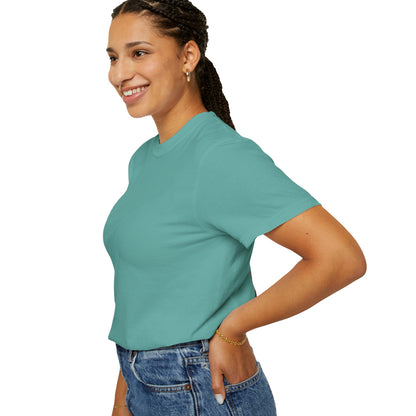 Blessed Losers Garment-Dyed T-Shirt, Comfort colors worn by a smiling woman, showcasing a relaxed fit in a vibrant color.