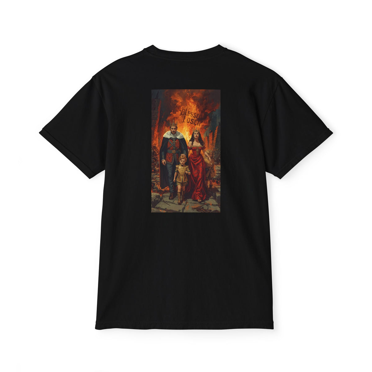 Bridge Burn Pocket T-Shirt - Blessed Loser with vibrant artwork featuring a family in front of a fiery backdrop.