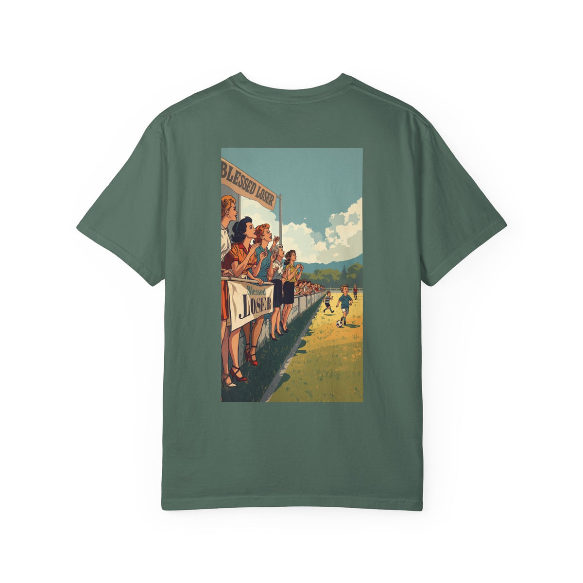 Blessed Loser Graphic T-Shirt, Retro Sports Tee, Casual Unisex Apparel, Comfort Colors with vintage design on blue spruce fabric.