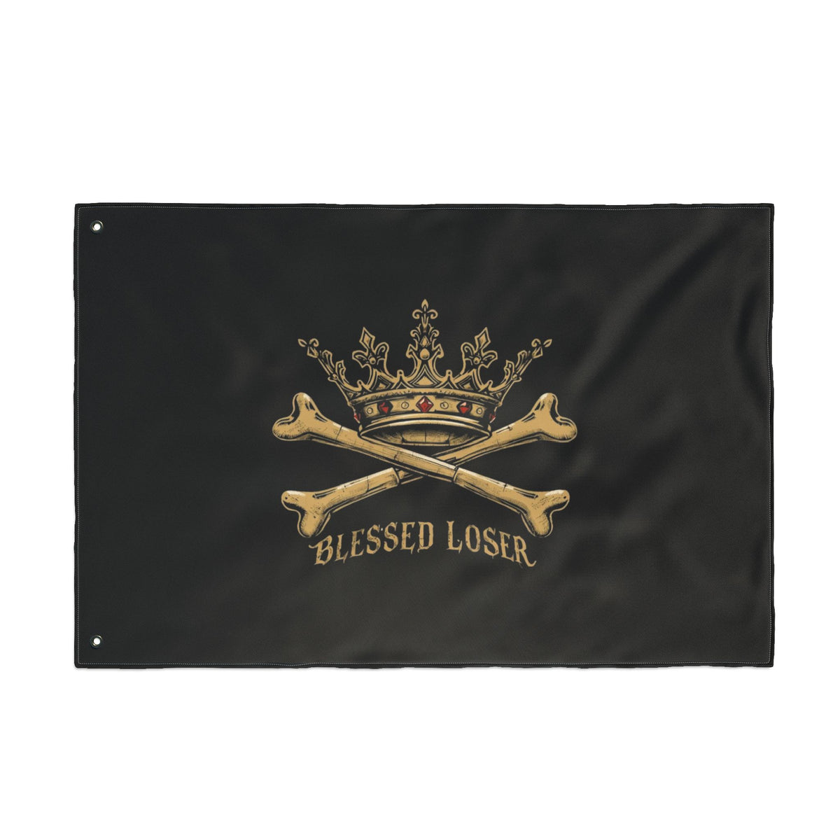 Double-Sided Blessed loser pirate flag featuring a crown and crossed bones on a black background.