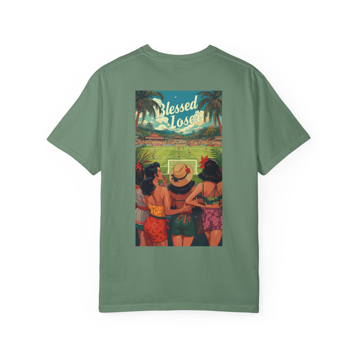 Back view of Blessed Losers Garment-Dyed T-Shirt in light green with colorful beach scene design.