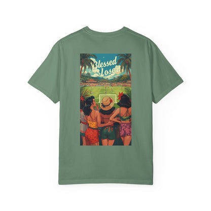 Back view of Blessed Losers Garment-Dyed T-Shirt in light green with colorful beach scene design.
