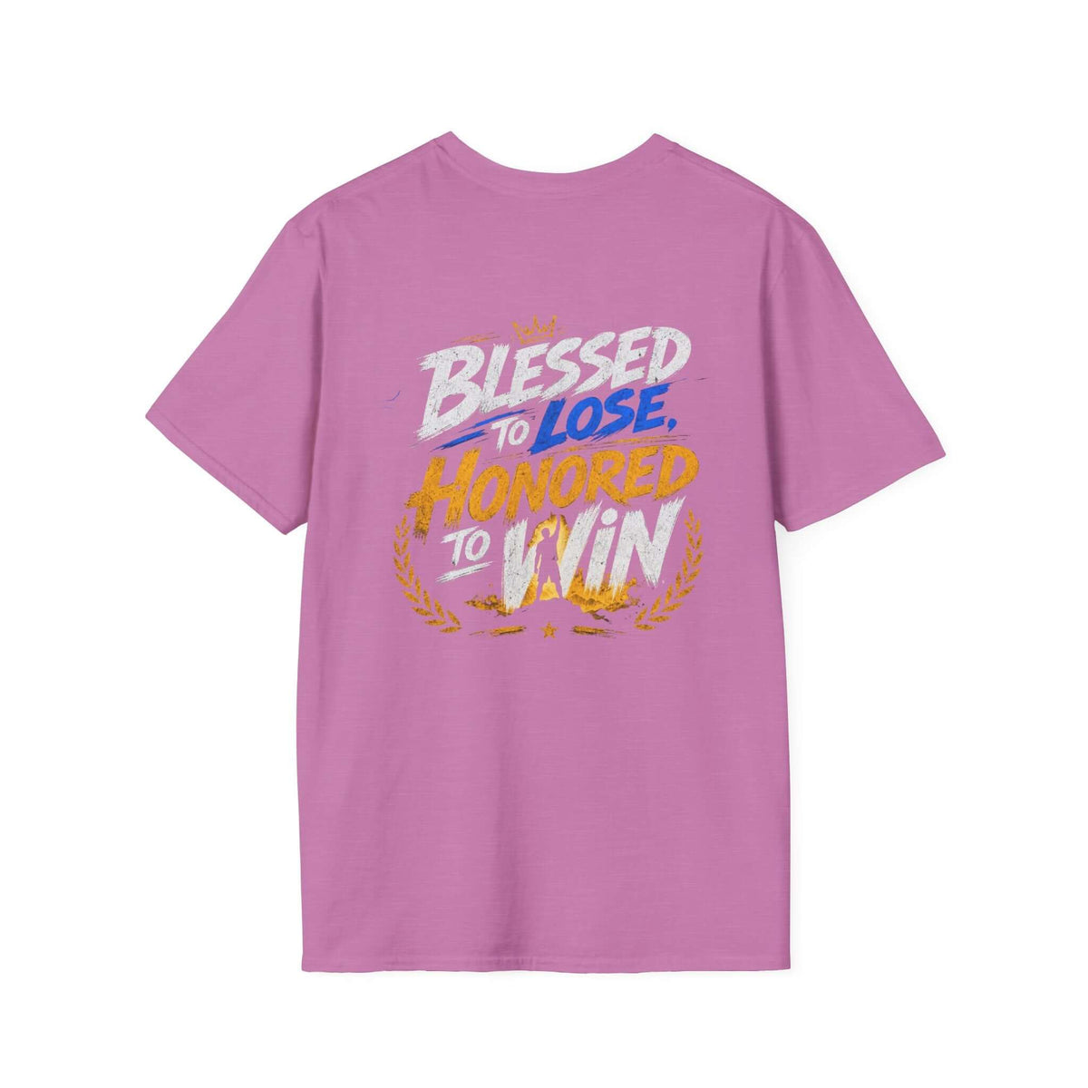 Back graphic of Blessed to Lose, Honored to Win T-Shirt featuring bold colors and laurel motifs.