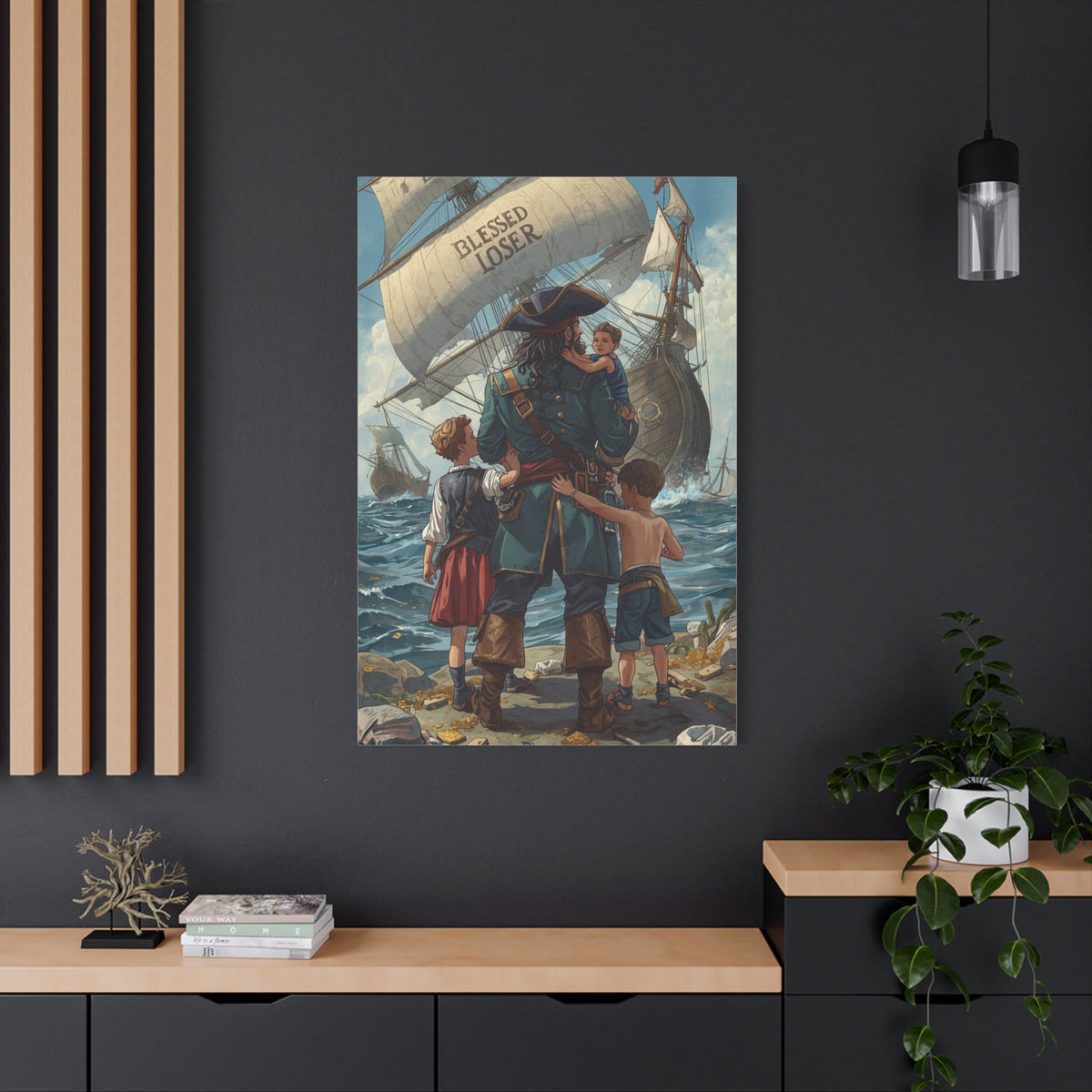 Blessed Loser Canvas Art, Nautical Décor, Blessed Loser Print featuring a pirate and children by the sea.