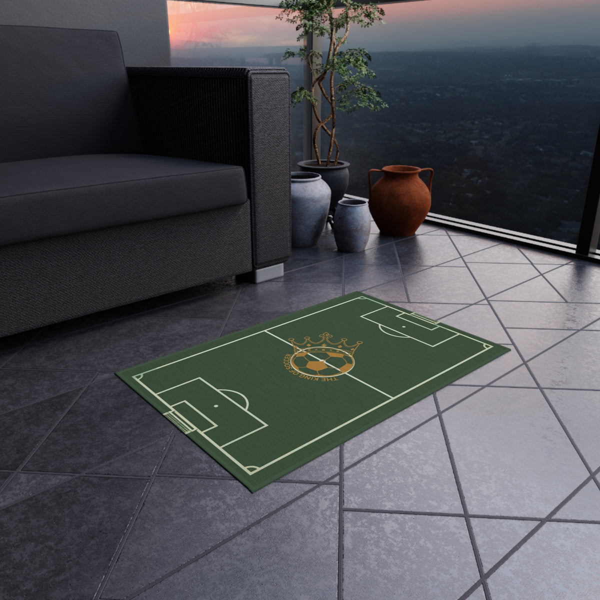 Soccer Field Outdoor Rug — Crowned Soccer Ball Design for Patio & Game Rooms