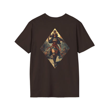 T-Shirt — "Blessed Loser" Minimal Chest Logo Tee featuring a vibrant back graphic of a warrior.
