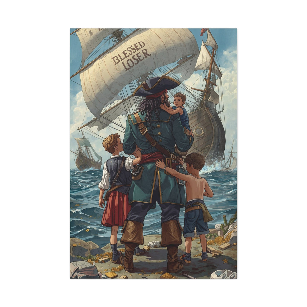 Blessed Loser Canvas Art featuring a pirate and children against a nautical backdrop, perfect for nautical décor.