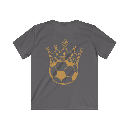 Kids Tee — 'FASTT' Soccer Ball with Crown Graphic Youth футболка showcasing golden crown soccer ball on charcoal tee back.