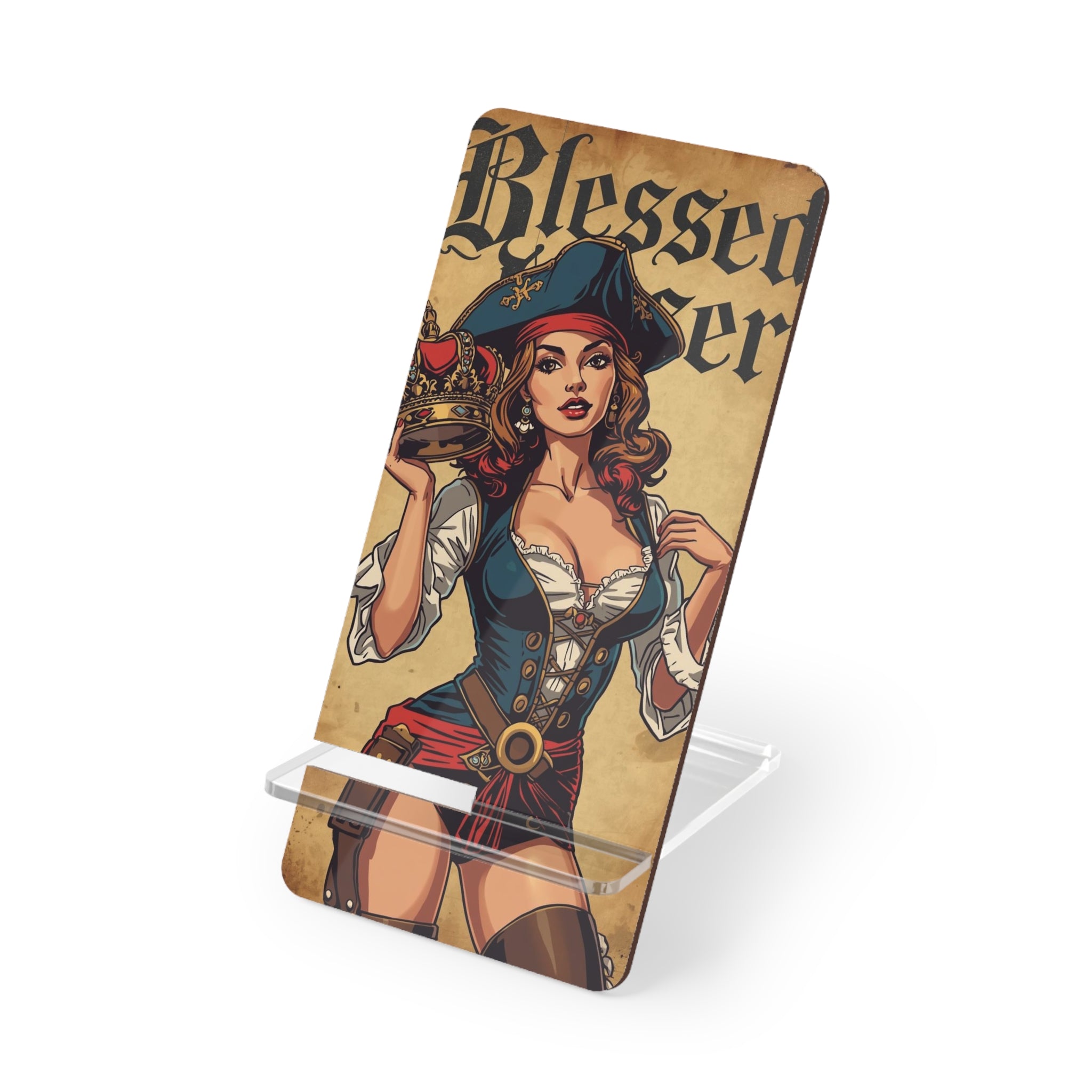 Pirate Pin-Up Smartphone Stand — "Blessed Loser" Mobile Display Holder