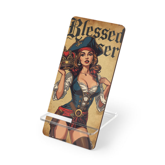 Pirate Pin-Up Smartphone Stand — "Blessed Loser" Mobile Display Holder featuring a vintage design with a bold pirate theme.