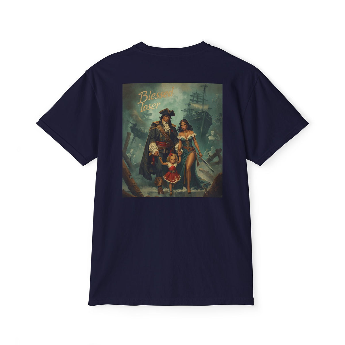 Blessed Loser Unisex Pocket T-Shirt, LUU featuring vintage pirate art on True Navy fabric.