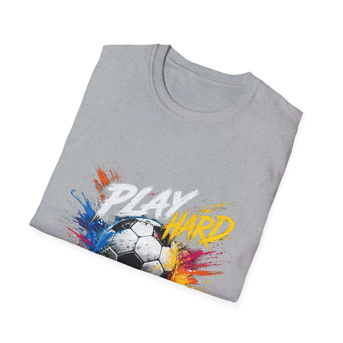Soccer Splash T-Shirt — "Play Hard, Live" Colorful Football Graphic on a grey shirt with vibrant splash-art.