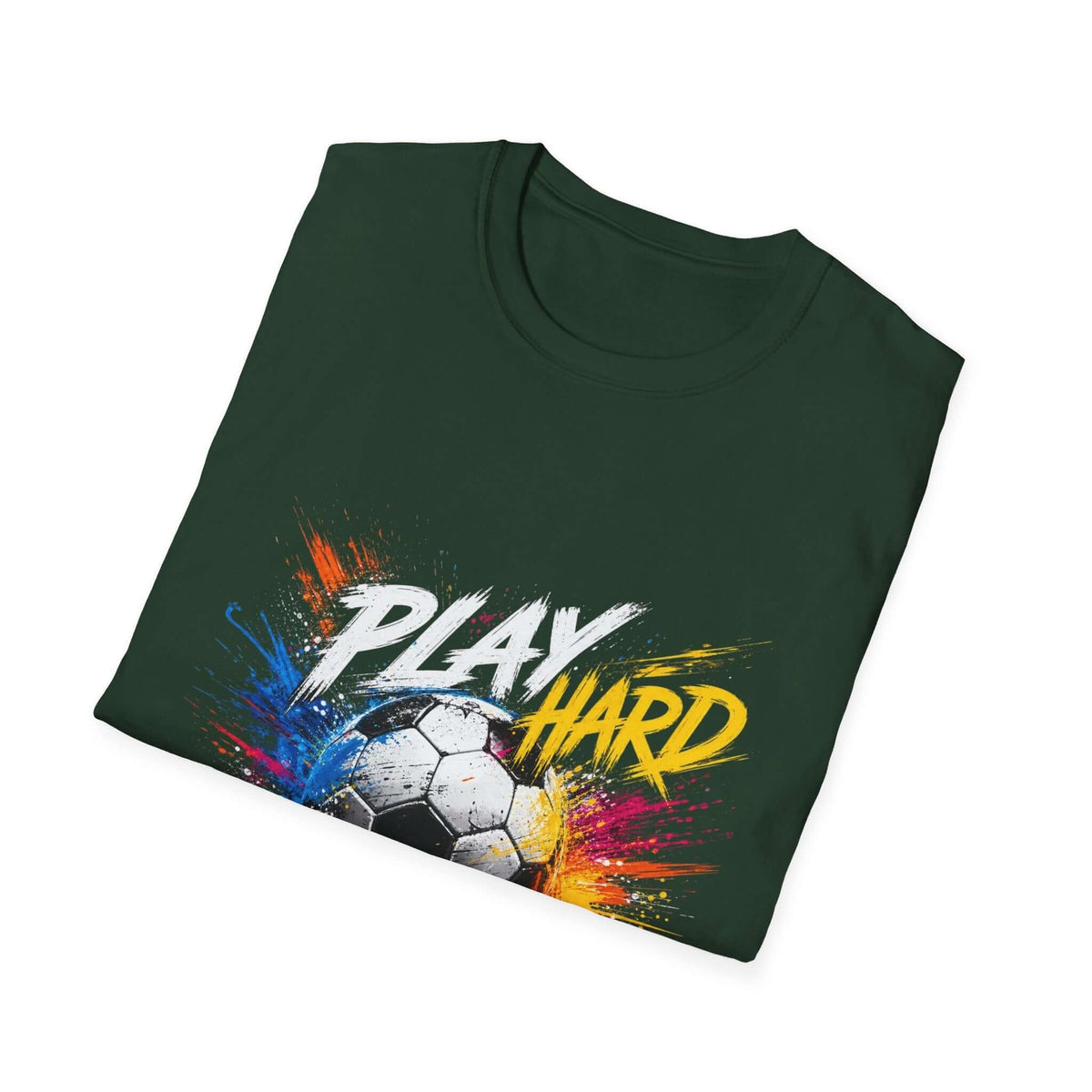Soccer Splash T-Shirt — "Play Hard, Live" Colorful Football Graphic, showcasing vibrant colors and a soccer design.