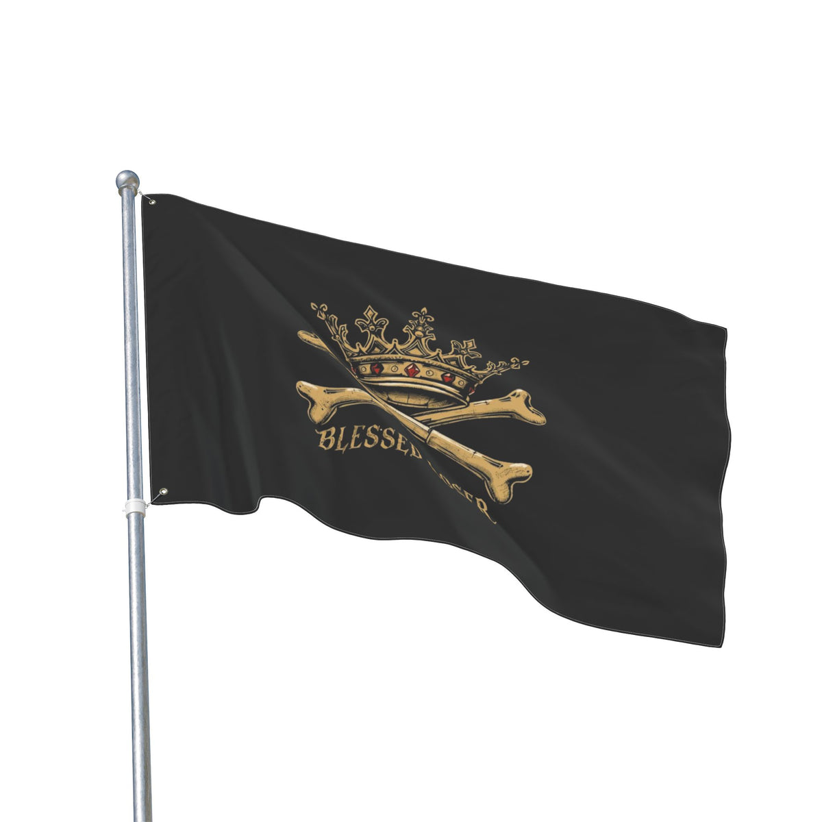 Double-Sided Blessed loser pirate flag featuring a crown and crossbones on a black background.