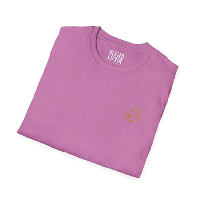 Blessed to Lose, Honored to Win T-Shirt in soft pink with a subtle gold graphic.
