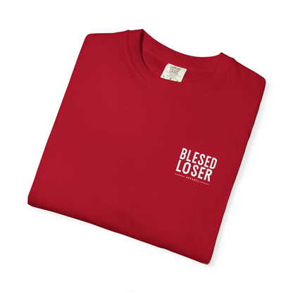 Pirate Woman Illustration T-Shirt | Blessed Loser Graphic Tee folded red shirt with white BLESSED LOSER logo.