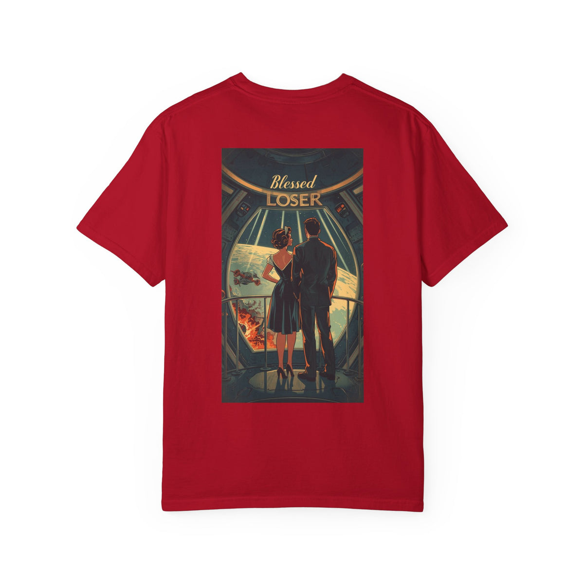 Retro Blessed Loser T-Shirt Comfort Colors in red featuring an artistic design on the back, ideal for casual wear.