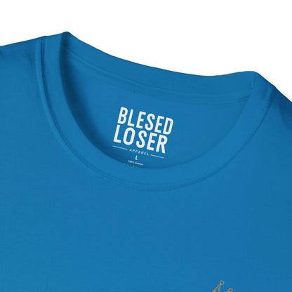 Blessed to Lose, Honored to Win T-Shirt close-up view of the collar and label on a blue cotton tee.