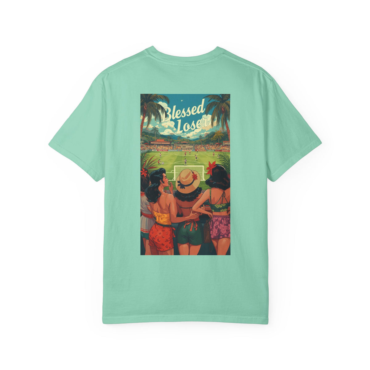 Blessed Losers Garment-Dyed T-Shirt, Comfort colors in Island Reef color, featuring a vibrant beach scene design.