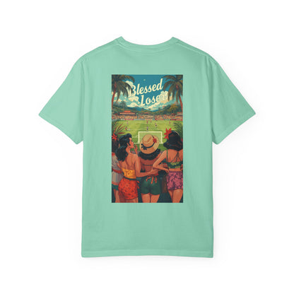 Blessed Losers Garment-Dyed T-Shirt, Comfort colors in Island Reef color, featuring a vibrant beach scene design.