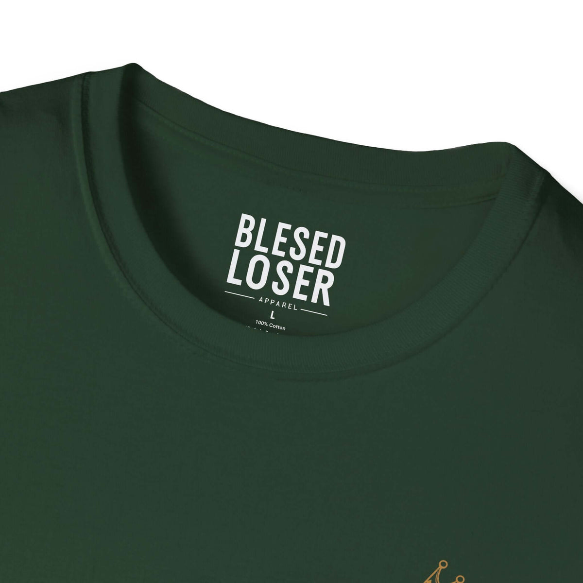 Blessed to Lose, Honored to Win T-Shirt tag detail showing soft cotton and classic crew neck design.