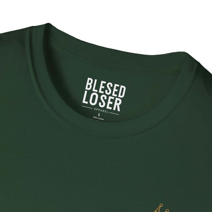 Blessed to Lose, Honored to Win T-Shirt tag detail showing soft cotton and classic crew neck design.