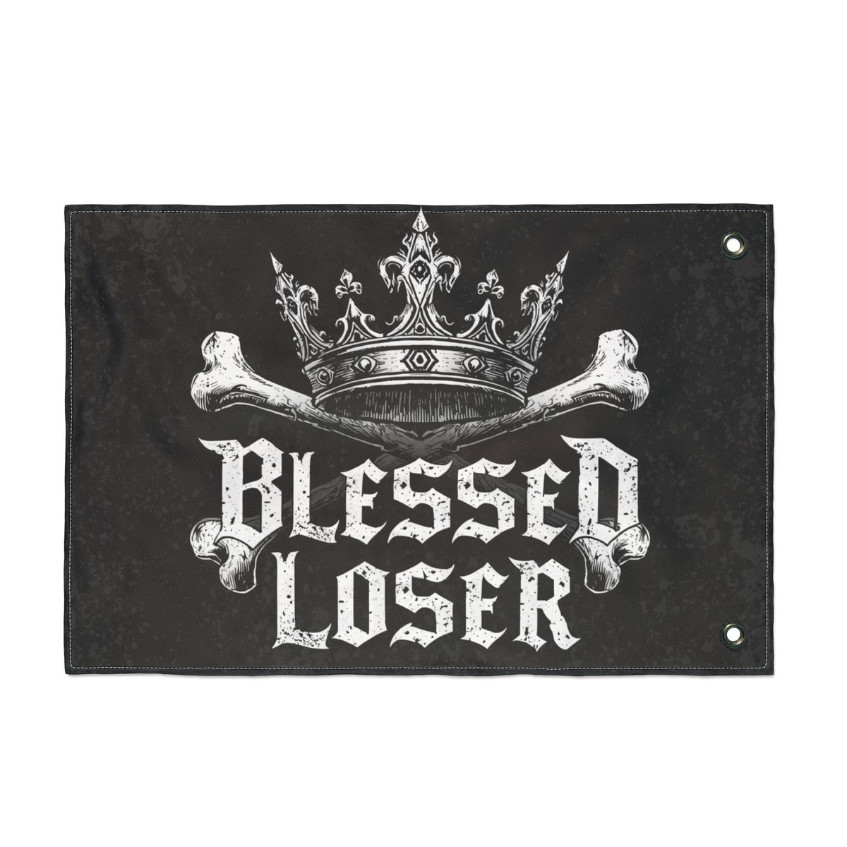 Blessed loser Black flag with a crown and bones design for outdoor decor.