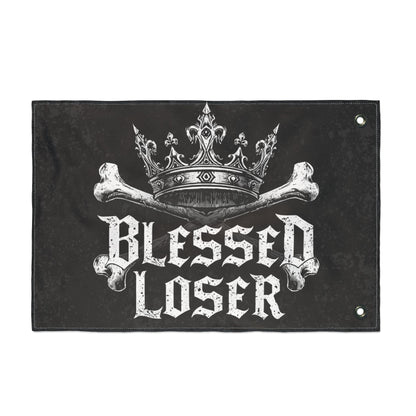 Blessed loser Black flag with a crown and bones design for outdoor decor.
