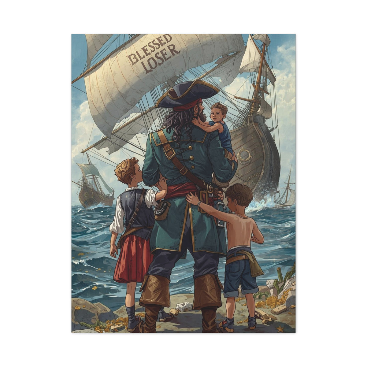 Blessed Loser Canvas Art - Nautical Décor - a captivating canvas print of a pirate and children at sea, size 30" x 40".