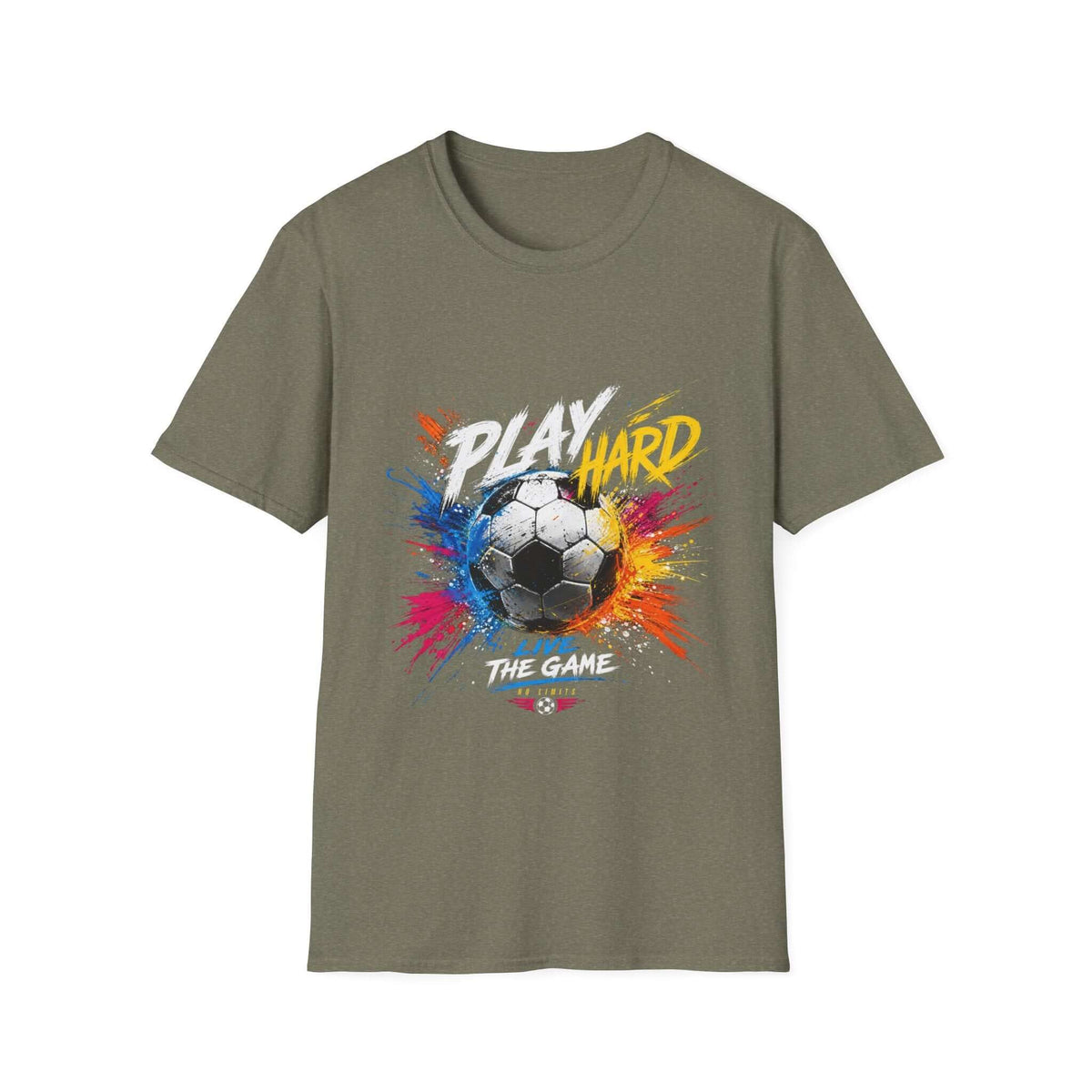 Soccer Splash T-Shirt — "Play Hard, Live" Colorful Football Graphic on Heather Military Green background.