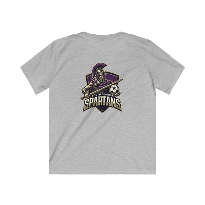 Kids Tee — South Georgia Spartans Soccer Logo Shirt featuring a Spartan mascot graphic on the back.