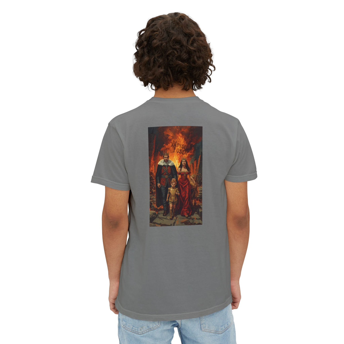 Person wearing Bridge Burn Pocket T-Shirt - Blessed Loser, featuring a vintage graphic on the back.