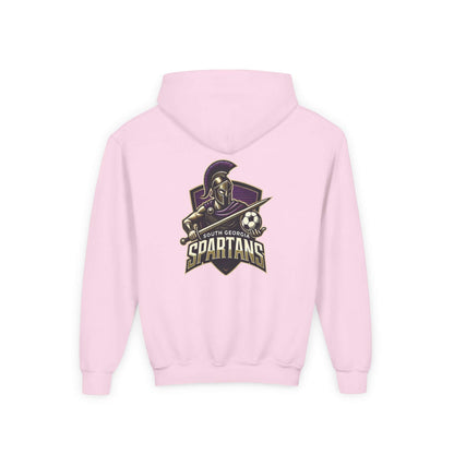 Spartans Youth Hoodie — South Georgia Spartans Soccer Team Logo featuring a bold Spartan emblem on a pink background.
