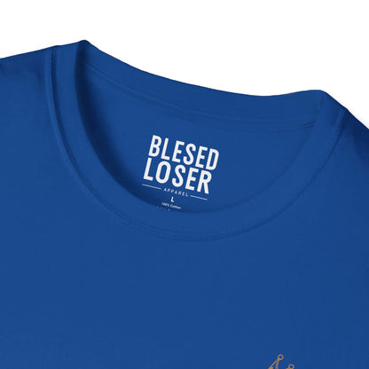 Blessed to Lose, Honored to Win T-Shirt neck label detail on a blue tee.