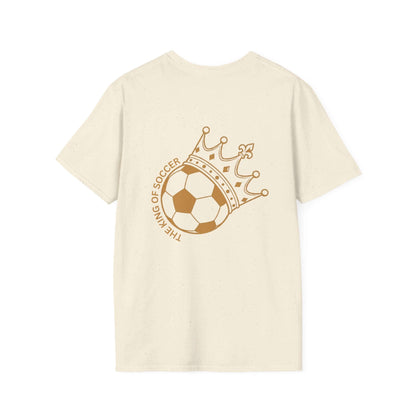 Cute Crowned Cat Pocket Tee — Minimal Embroidered Kitten T-Shirt with crown soccer ball design on back.