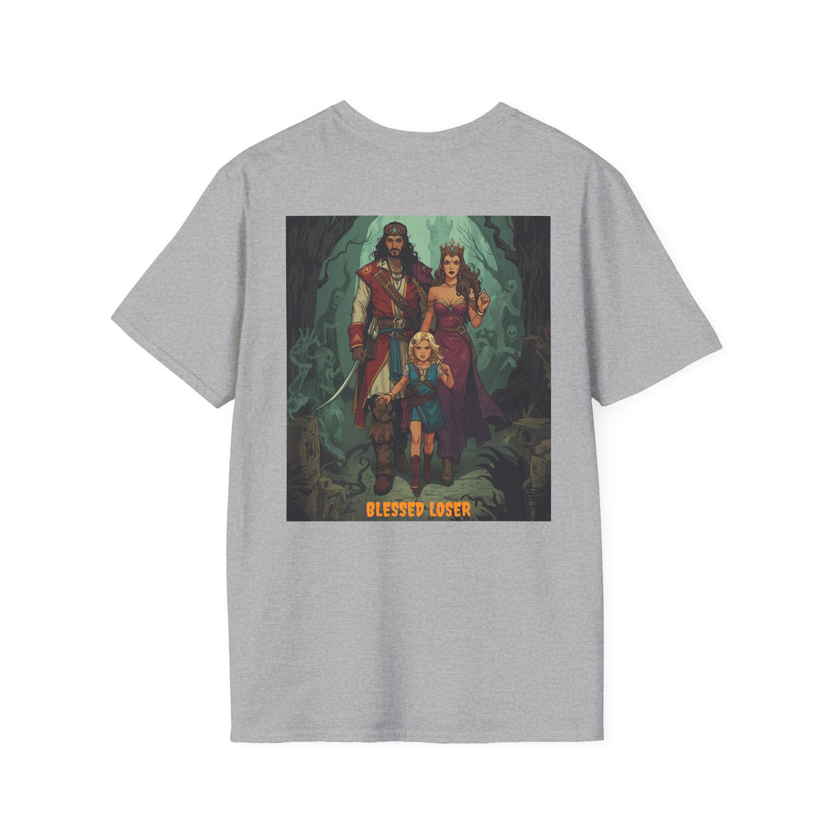 Blessed Loser Design | LUU Sport Grey Unisex Softstyle T-Shirt showcasing unique graphic with characters.