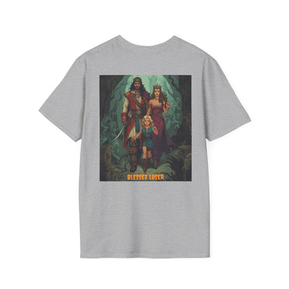 Blessed Loser Design | LUU Sport Grey Unisex Softstyle T-Shirt showcasing unique graphic with characters.