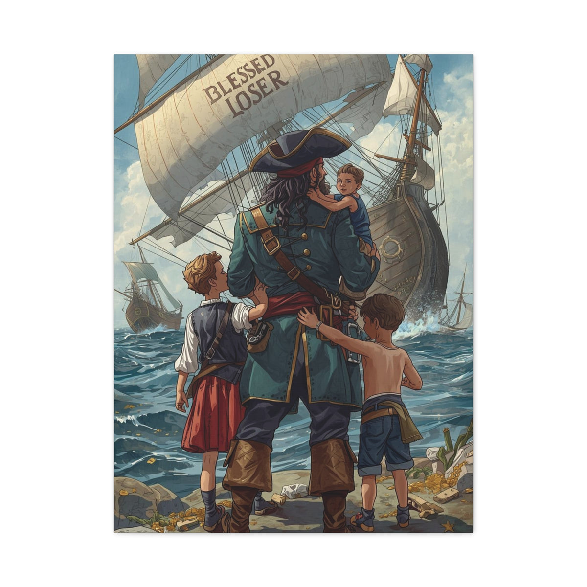 Blessed Loser Canvas Art featuring a family by the sea with a ship, Nautical Décor, 24" x 32" print.