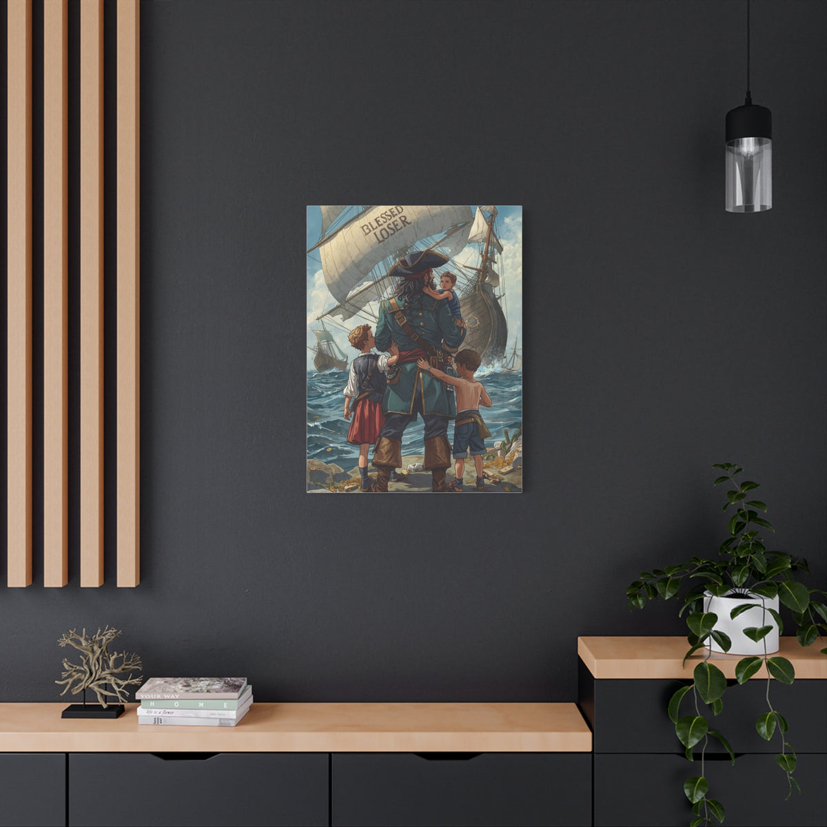 Blessed Loser Canvas Art featuring a sailor with children, perfect for Nautical Décor and as a Blessed Loser Print.
