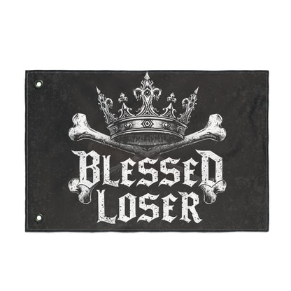 Blessed loser Black flag design featuring a crown and crossbones, perfect for unique outdoor décor.