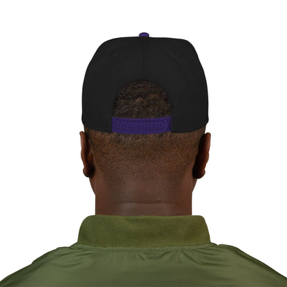 King of soccer Crown Snapback Hat — Bling Gold Crown Design (Black & Purple) back view showing purple snap closure.