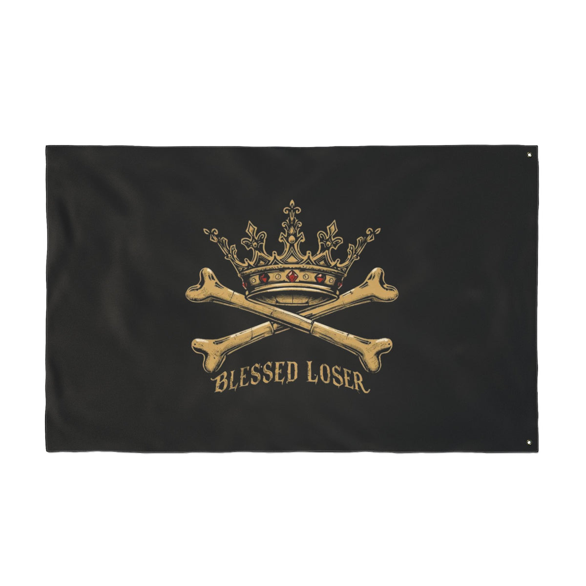 Double-Sided Blessed loser pirate flag with crown and crossbones design on a black background.